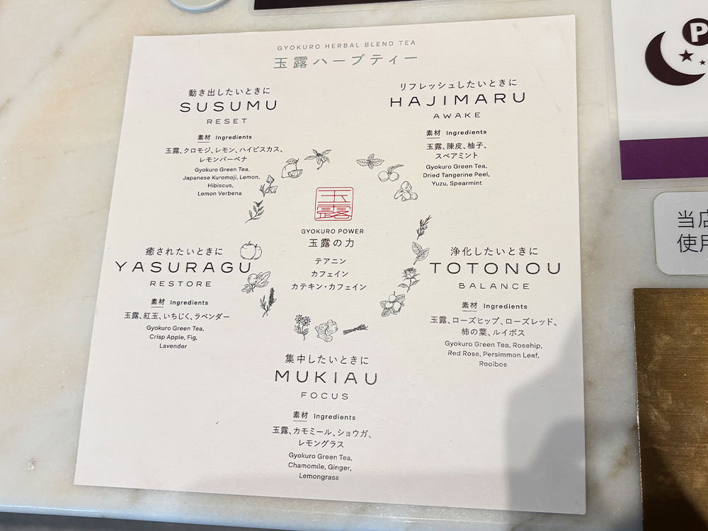 YMY-GYOKURO-TEAROOMのお茶メニュー