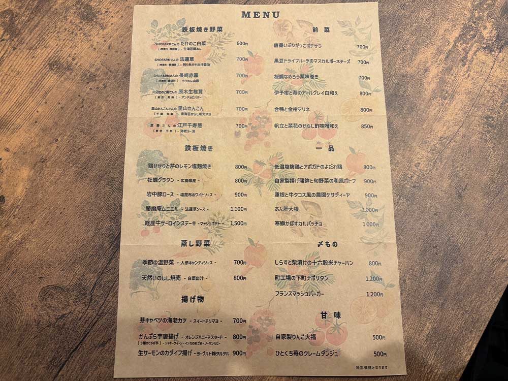 アズミスチールのメニュー表